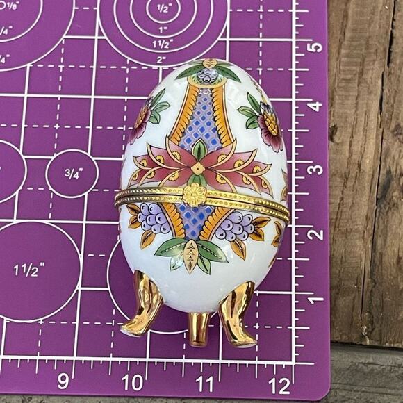 Porcelain Faberge Style Hand Painted Egg Trinket Box Unique Gift Jewelry Holder - Picture 8 of 9